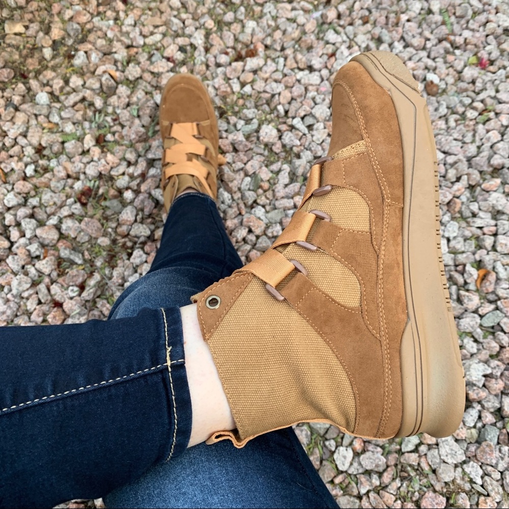 New Camel Brown Vegan Suede Velcro Tie High Top Boots